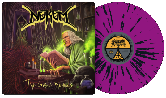 A purple pressing with black splatter, half out of an illustrated sleeve, the
                    splatter rendered from the base and spatter colours selected.