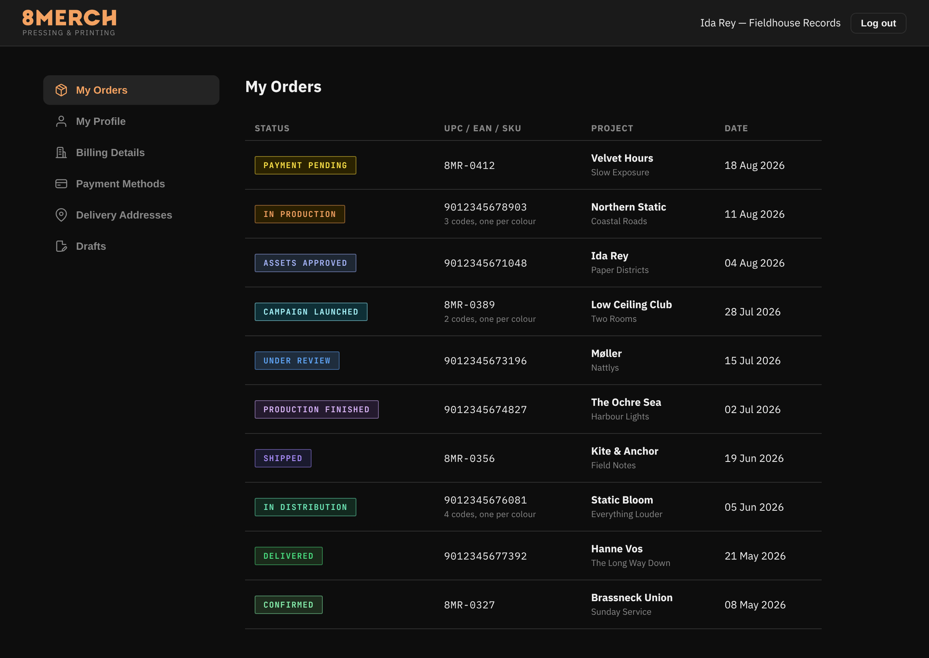 The client portal's order list: ten releases, one line each, showing the
                    production status, the UPC or catalogue code, the artist and title, and the
                    date the order was placed. The statuses run from Under Review and Payment
                    Pending through Assets Approved, In Production and Shipped to Delivered, and
                    three releases note that they carry a separate code for each colour.